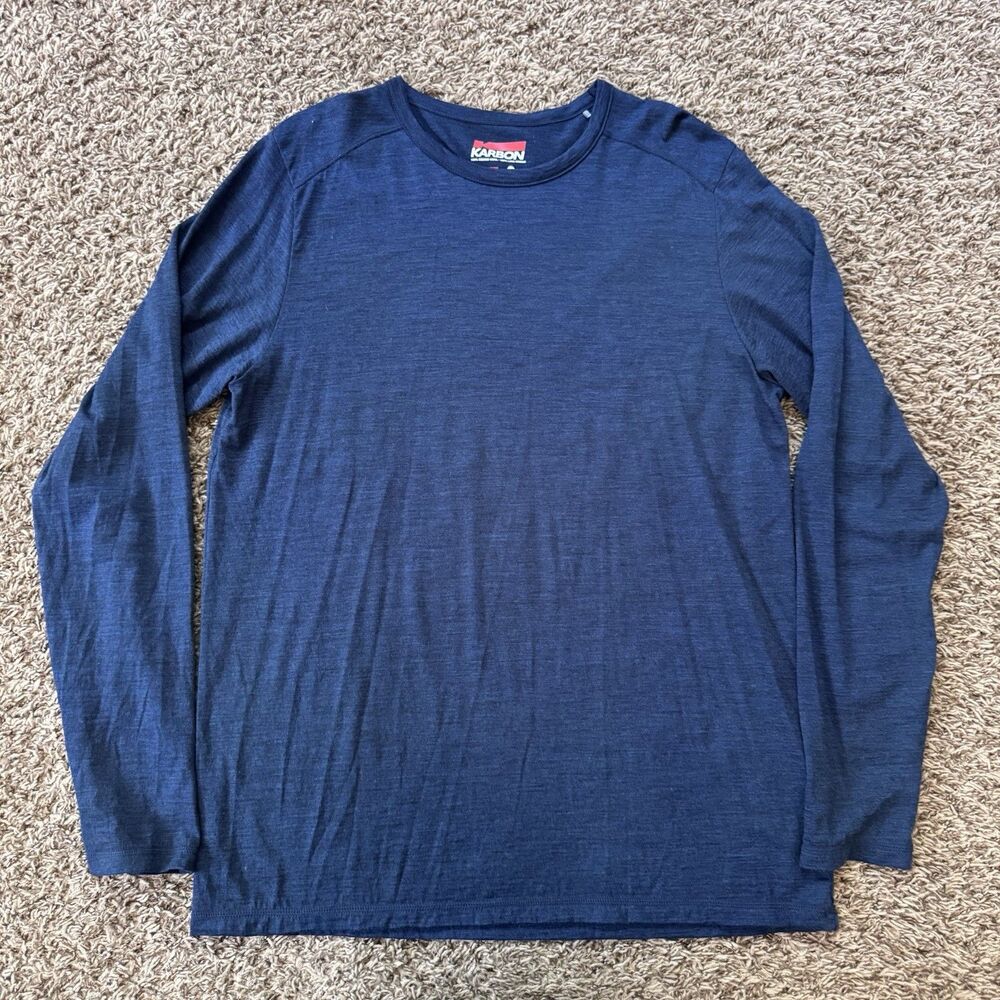 Karbon Mens 100% Merino Wool Blue Longsleeve Base Layer Crew Shirt Size. Large